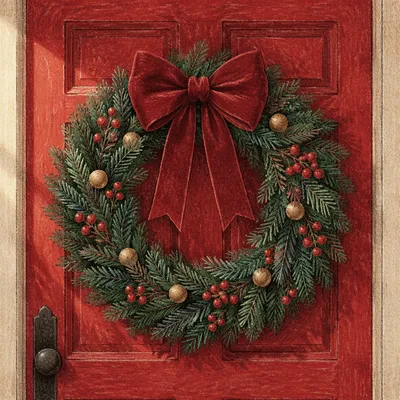 Christmas Wreath on Red Wooden Door