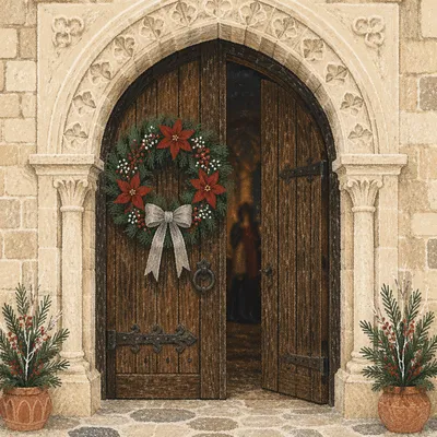Christmas Wreath on Rustic Church Door