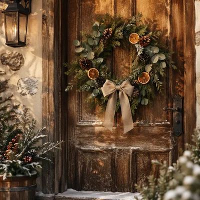 Rustic Christmas Wreath on Cottage Door
