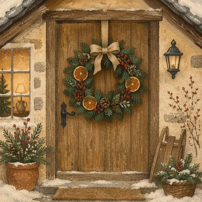 Rustic Christmas Wreath on Cottage Door