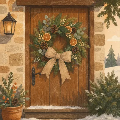 Rustic Christmas Wreath on Cottage Door