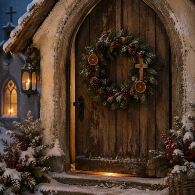 Christmas Wreath on Weathered Chapel Door