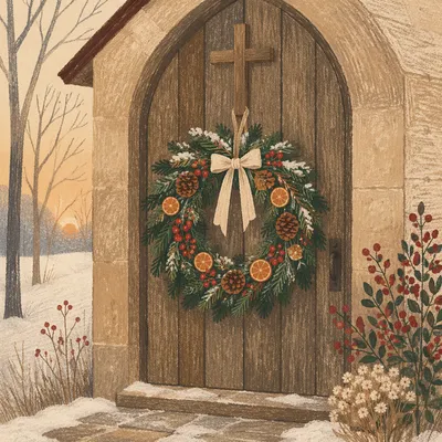 Christmas Wreath on Weathered Chapel Door