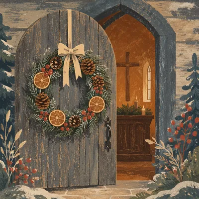 Christmas Wreath on Weathered Chapel Door