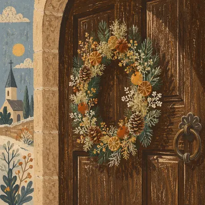 Handmade Christmas Wreath on Rustic Chapel Door