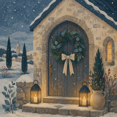 Christmas Wreath on Countryside Chapel Door