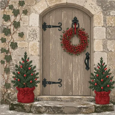 Christmas Wreath on Rustic Cottage Door