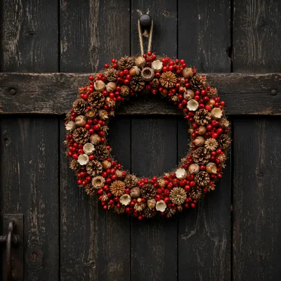 Rustic Christmas Wreath on Weathered Wooden Door