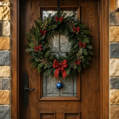Christmas Wreath on Rustic Wooden Door