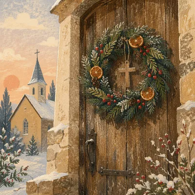 Christmas Wreath on Country Chapel Door