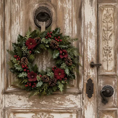 Christmas Wreath on Rustic Wooden Door