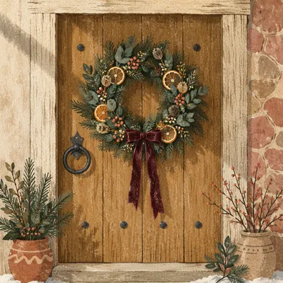 Rustic Christmas Wreath on Wooden Door