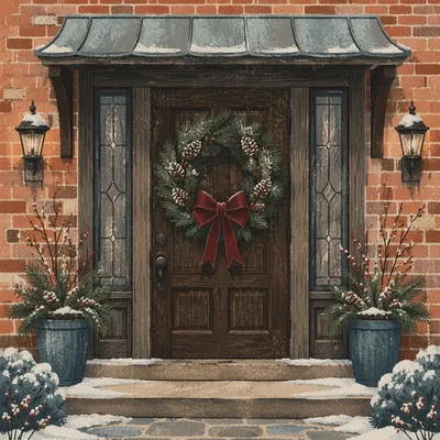 Christmas Wreath on Rustic Wooden Door