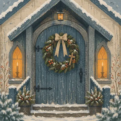 Christmas Wreath on Weathered Chapel Door