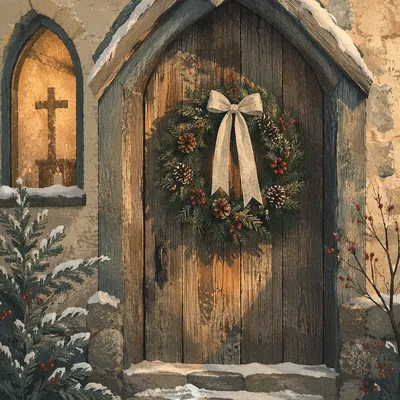Christmas Wreath on Countryside Chapel Door