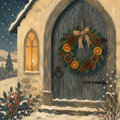 Christmas Wreath on Weathered Chapel Door