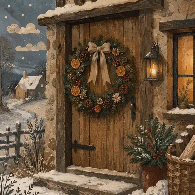 Rustic Christmas Wreath on Wooden Door