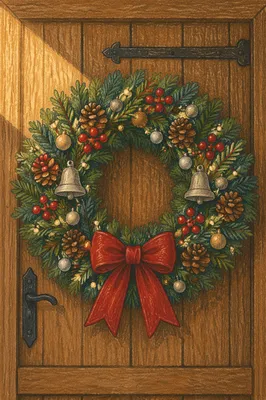 Christmas Wreath on Rustic Wooden Door