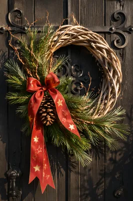 Rustic Christmas Wreath on Wooden Door