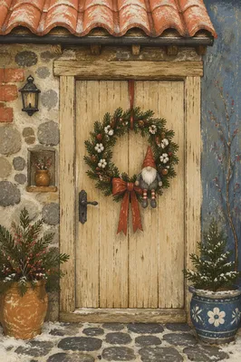 Rustic Christmas Wreath on Wooden Cottage Door