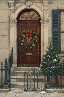 Christmas Wreath on Classic Wooden Door