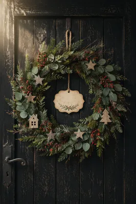 Handmade Christmas Wreath on Rustic Wooden Door