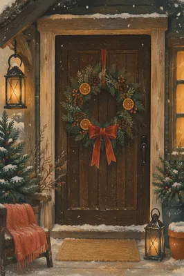 Christmas Wreath on Rustic Wooden Door