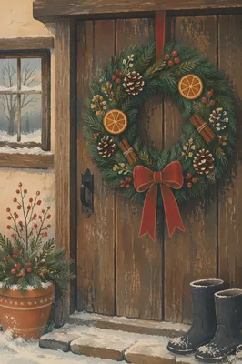 Rustic Christmas Wreath on Cottage Door