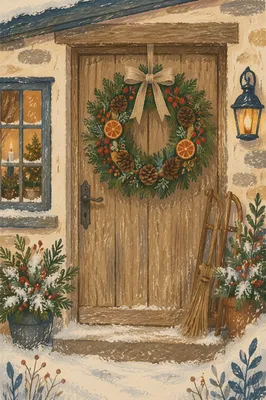 Rustic Christmas Wreath on Cottage Door