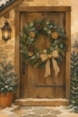 Rustic Christmas Wreath on Cottage Door