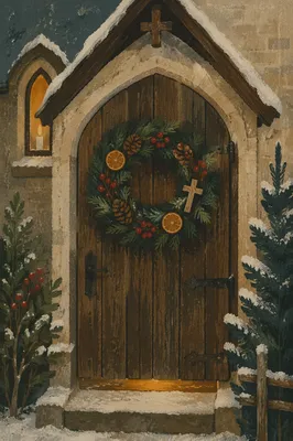 Christmas Wreath on Rustic Chapel Door