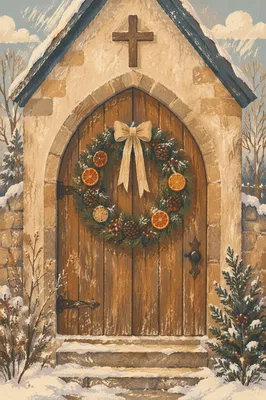 Christmas Wreath on Rustic Chapel Door
