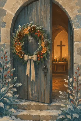 Christmas Wreath on Weathered Chapel Door