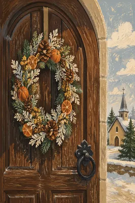 Handmade Christmas Wreath on Rustic Chapel Door