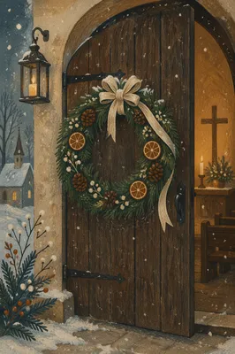 Christmas Wreath on Weathered Chapel Door