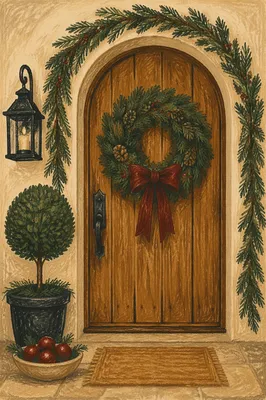 Christmas Wreath on Rustic Wooden Door