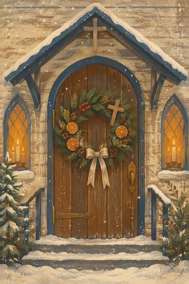 Christmas Wreath on Snowy Chapel Door