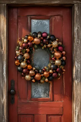 Metallic Christmas Wreath on Rustic Red Door