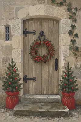 Christmas Berry Wreath on Cottage Door