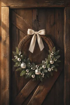 Handmade Christmas Wreath on Rustic Wooden Door