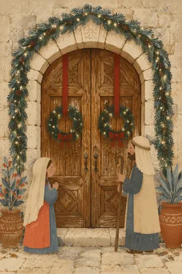 Christmas Wreaths on Rustic Wooden Door