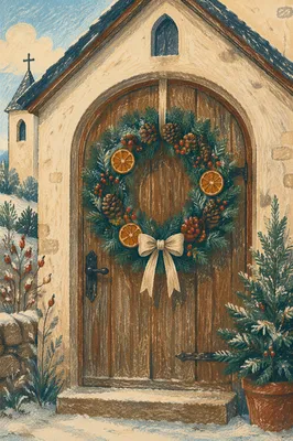 Christmas Wreath on Countryside Chapel Door
