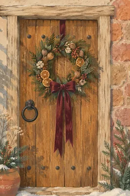 Rustic Christmas Wreath on Wooden Door