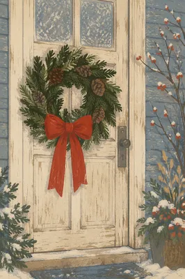 Christmas Wreath on Weathered Wooden Door