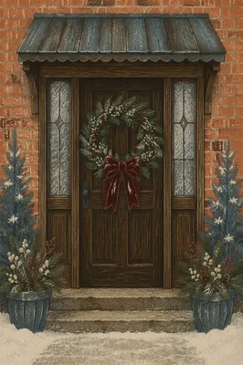 Christmas Wreath on Rustic Wooden Door