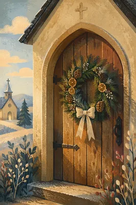 Christmas Wreath on Countryside Chapel Door