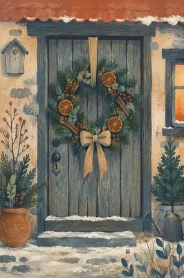 Handmade Christmas Wreath on Rustic Wooden Door