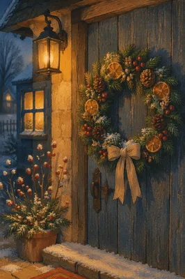 Rustic Christmas Wreath on Weathered Cottage Door