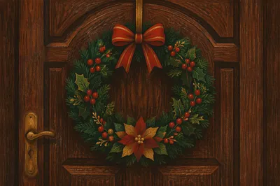 Christmas Wreath on Dark Wooden Door