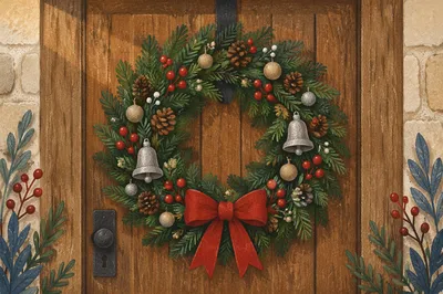Christmas Wreath on Rustic Wooden Door